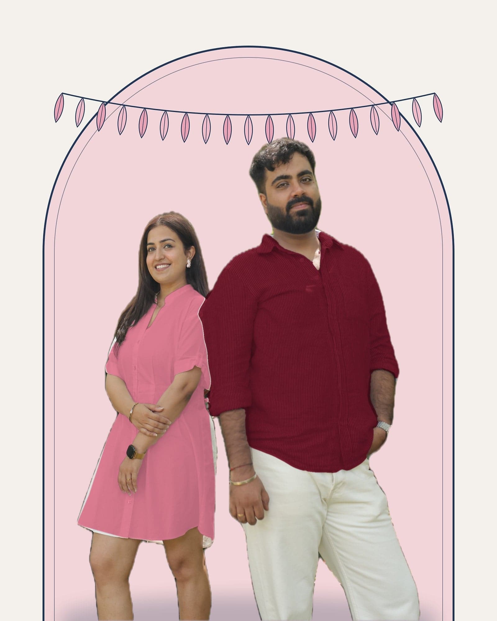 Disha and Mayank standing under a garlanded arch, inviting you to the wedding